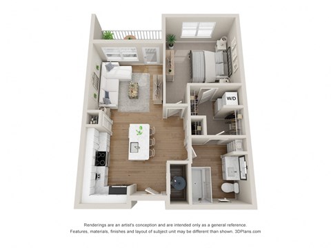 a 3d floor plan of a 1 bedroom apartment